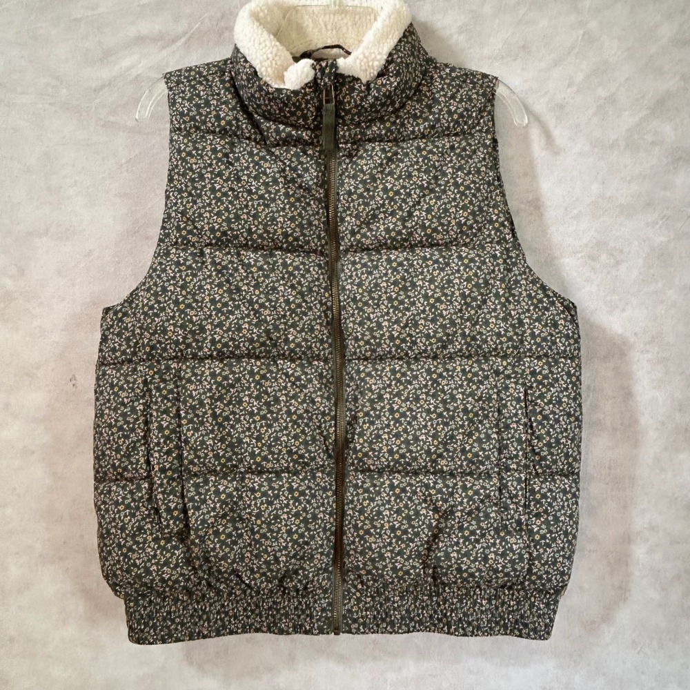 Universal Thread Womens Floral Puffer Vest Sherpa Collar Olive Green Size M